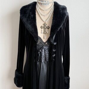 Vintage Black Velvet Krizia d. Victorian Fur Collar Duster Coat